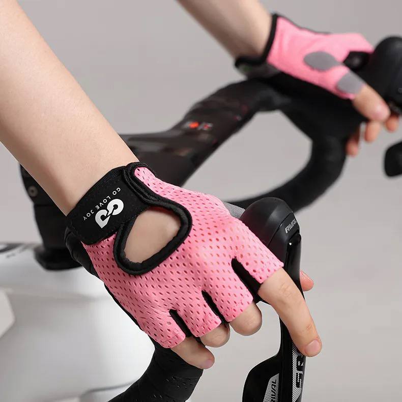 Go Love Joy pink half-finger gloves flat lay front and back view