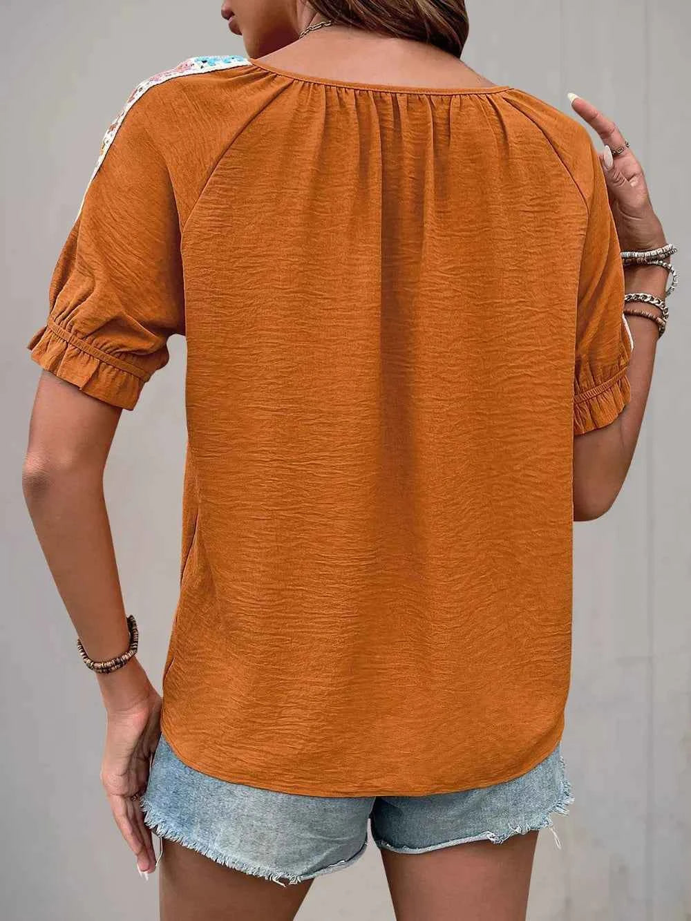 Perfee Tied Crochet Detail Short Sleeve Blouse