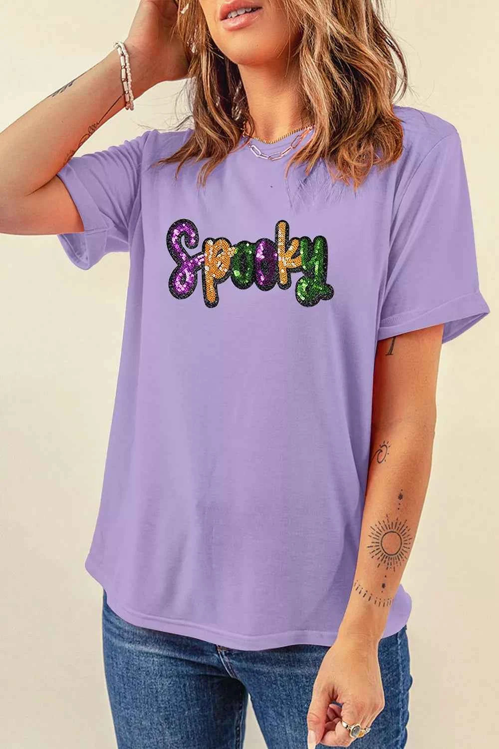 Full Size Spooky Sequin Letter Patched Cotton Blend T Shirt Plus Size