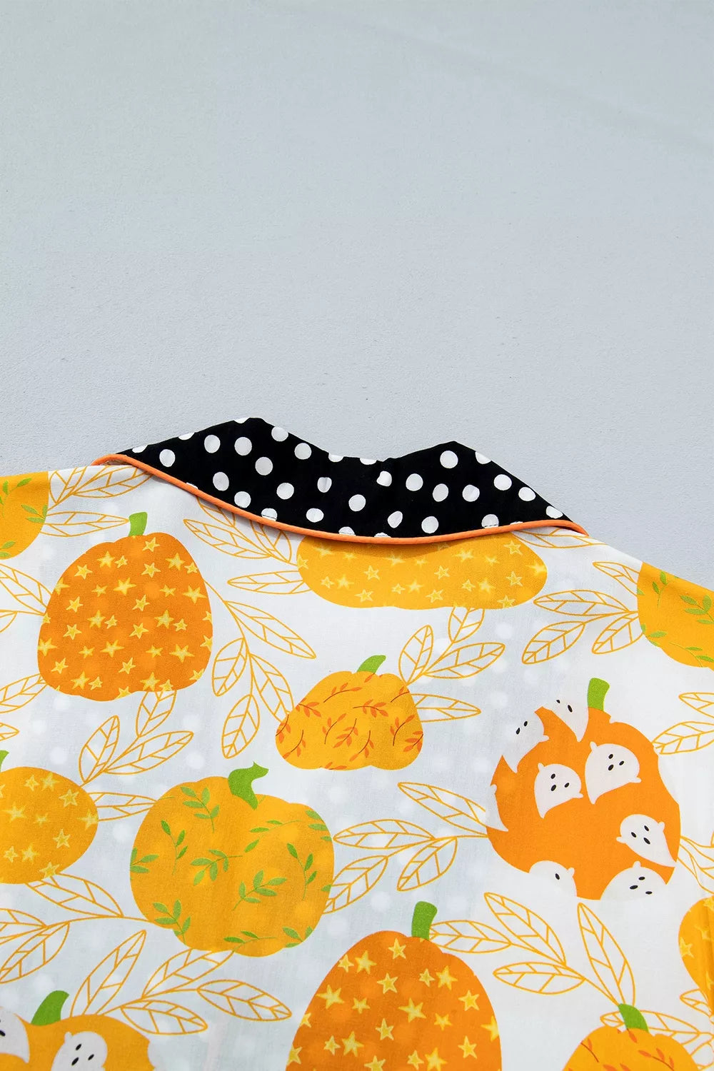 Short Sleeve Pumpkin Print Polka Dot Trim Pocket Placket Lounge Set