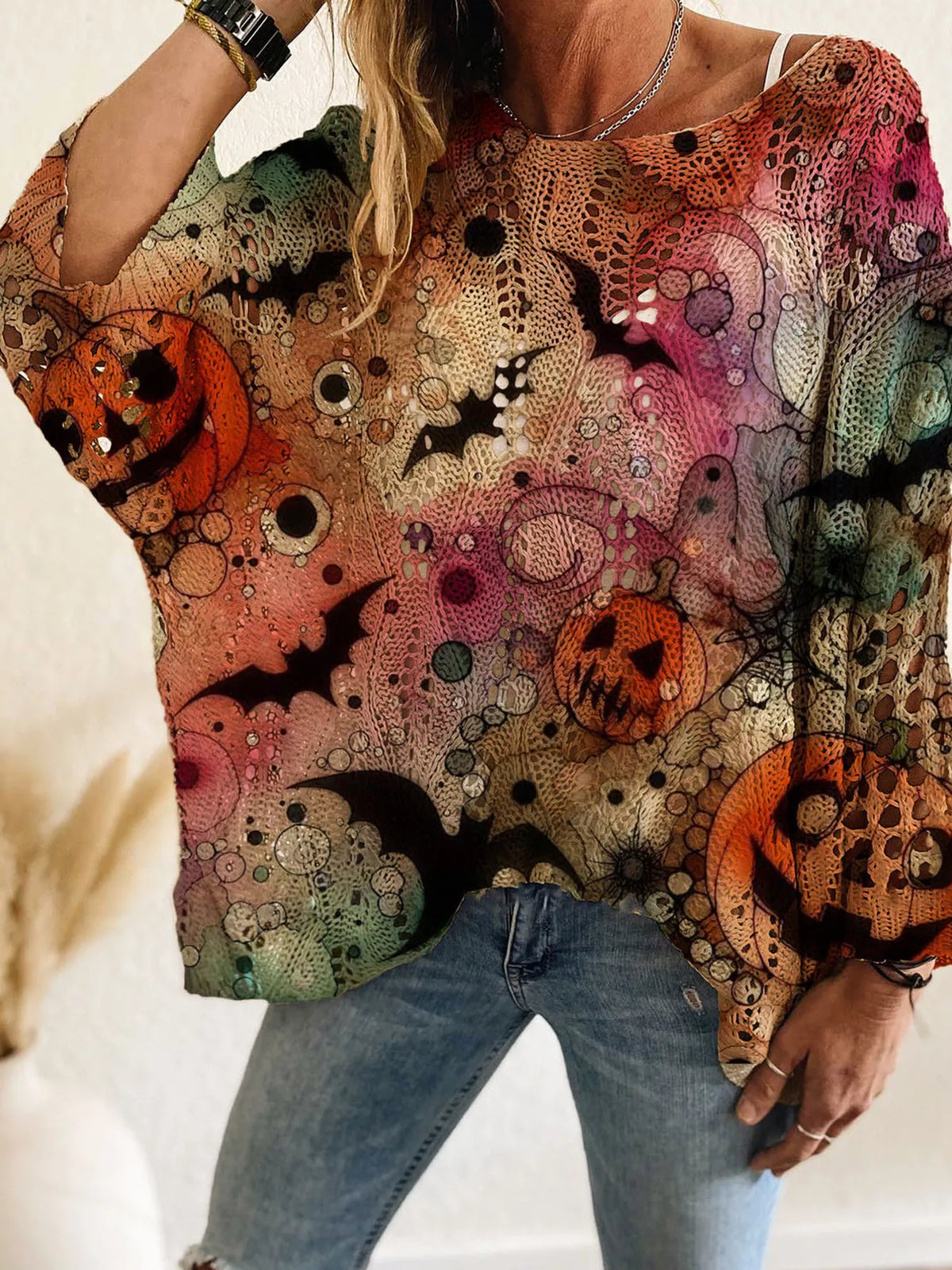 Full Size Halloween Pumpkin Loose Knit Cover Up Plus Size