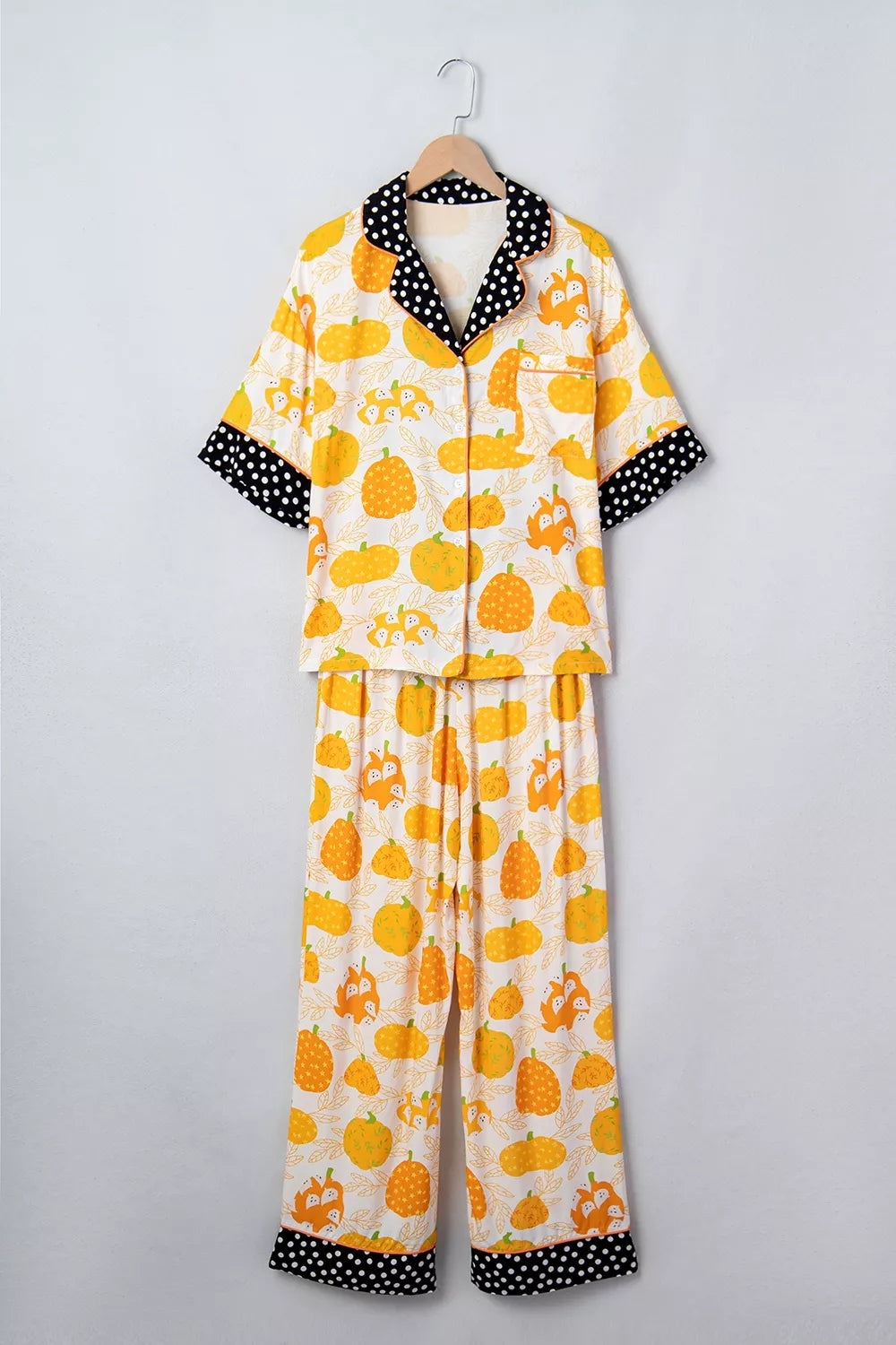 Short Sleeve Pumpkin Print Polka Dot Trim Pocket Placket Lounge Set