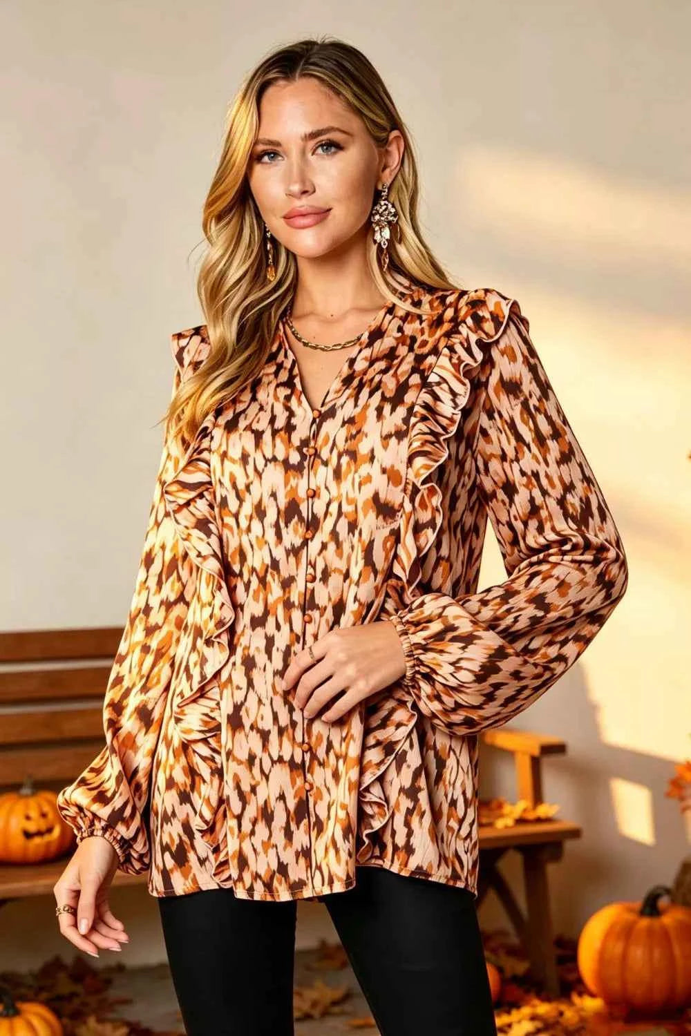Double Take Full Size Printed Ruffle Trim Balloon Sleeve Shirt Plus Size