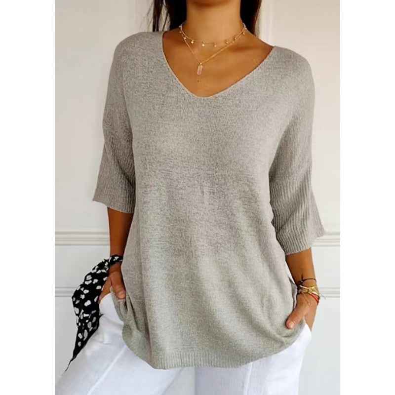 Women's Solid Long Sleeve V-Neck Knitwear