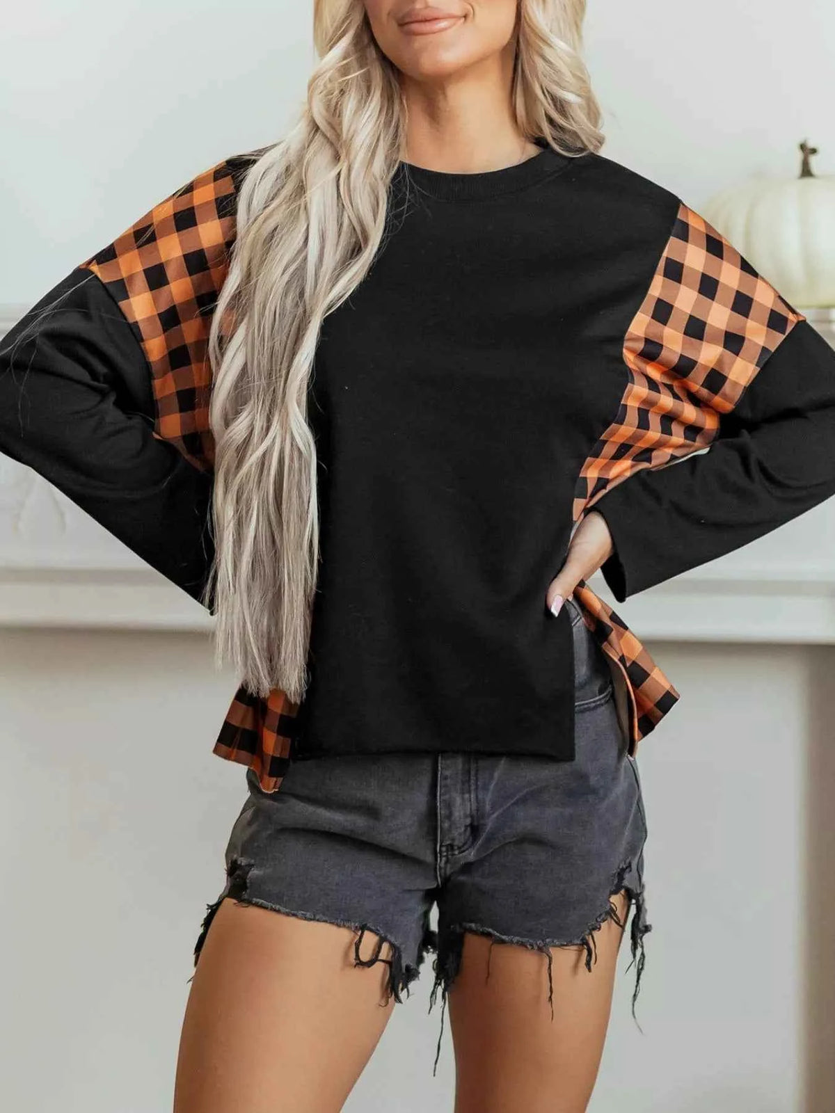 Patchwork Plaid Pumpkin Face Long Sleeve Top