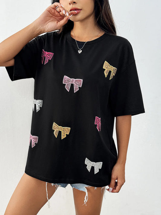 Sequin Bow Round Neck Short Sleeve T-Shirt