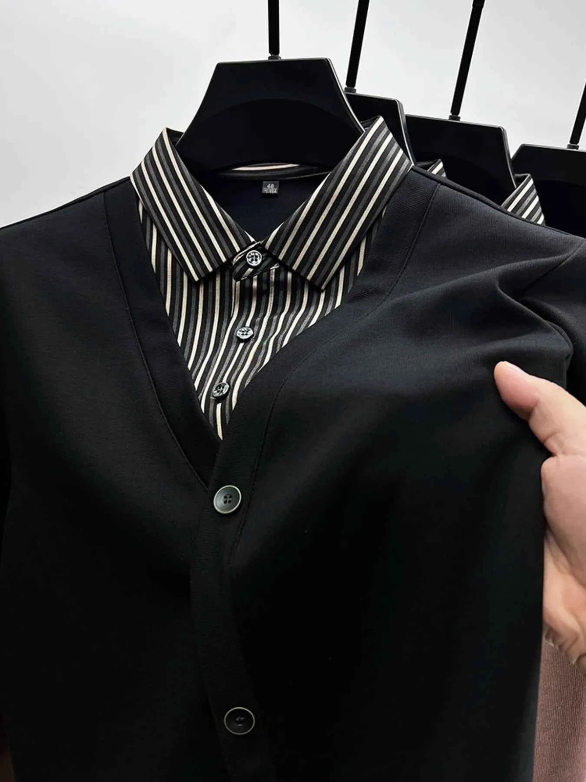 Men's Plus Size Striped Collar Detail Long Sleeve Top
