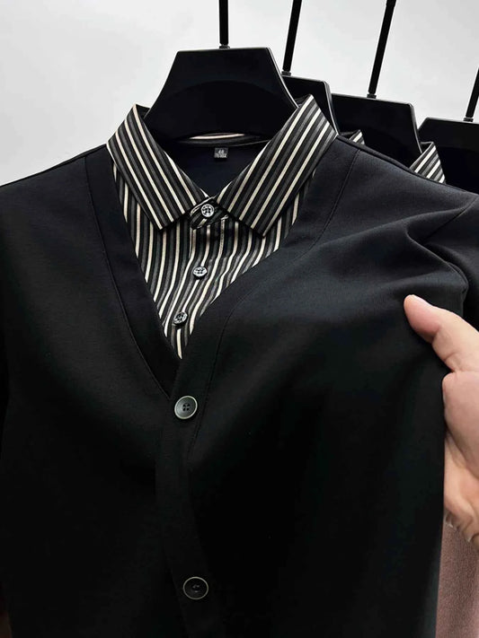 Men's Plus Size Striped Collar Detail Long Sleeve Top