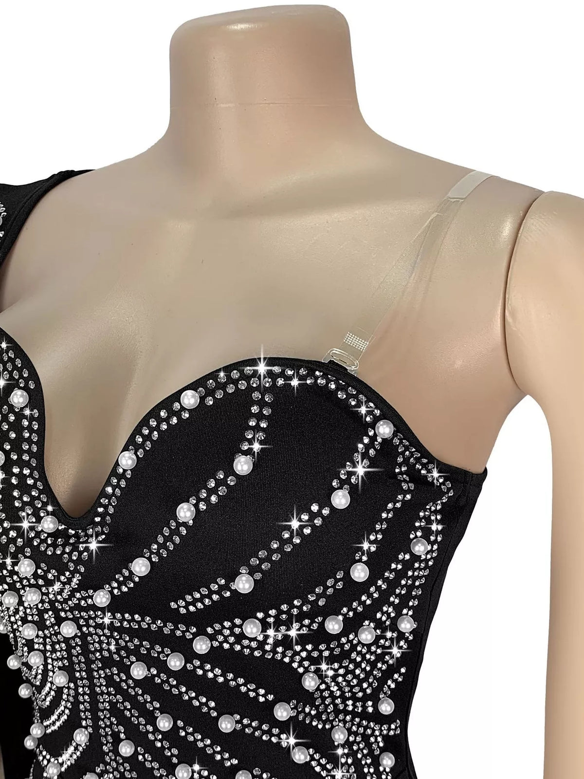 Rhinestone Pearl Detail One-Shoulder Mermaid Maxi Dress
