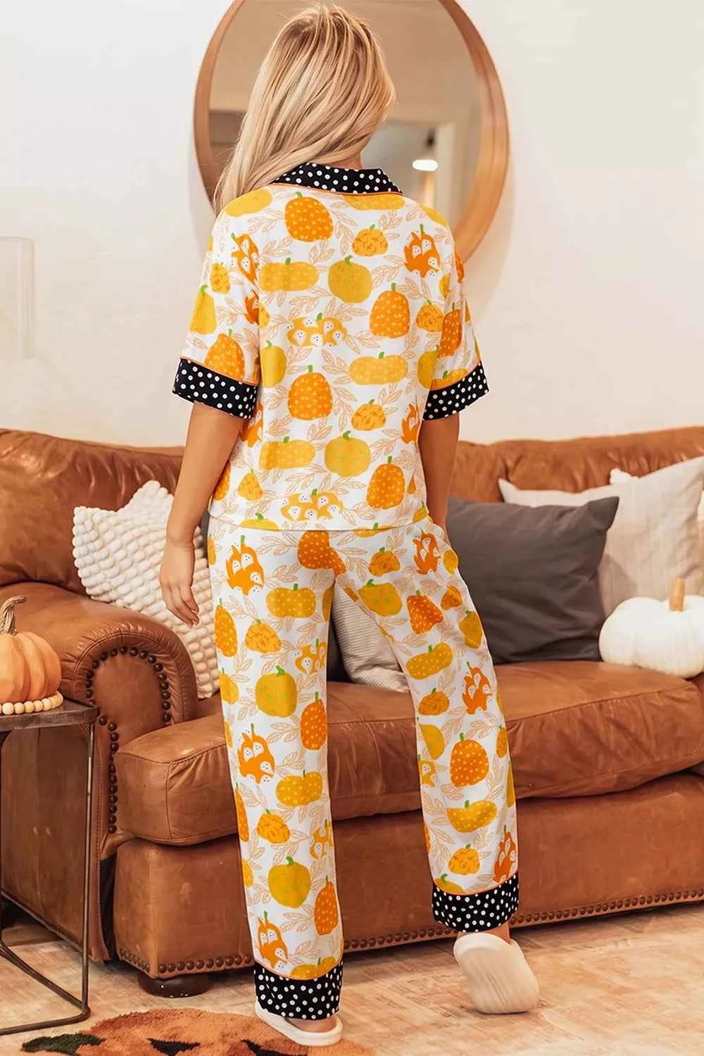 Short Sleeve Pumpkin Print Polka Dot Trim Pocket Placket Lounge Set