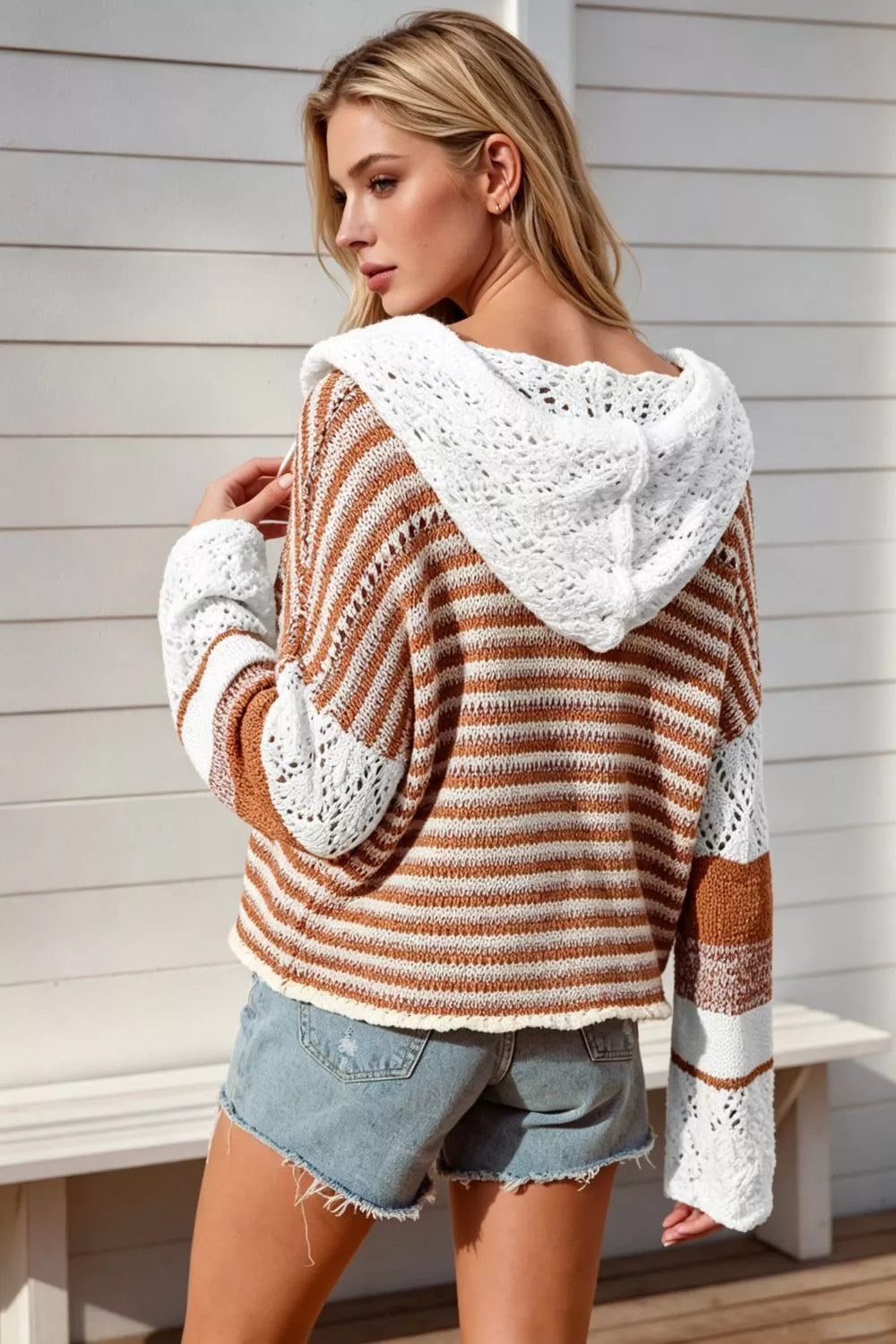 Double Take Full Size Openwork Contrast Long Sleeve Hooded Sweater Plus Size