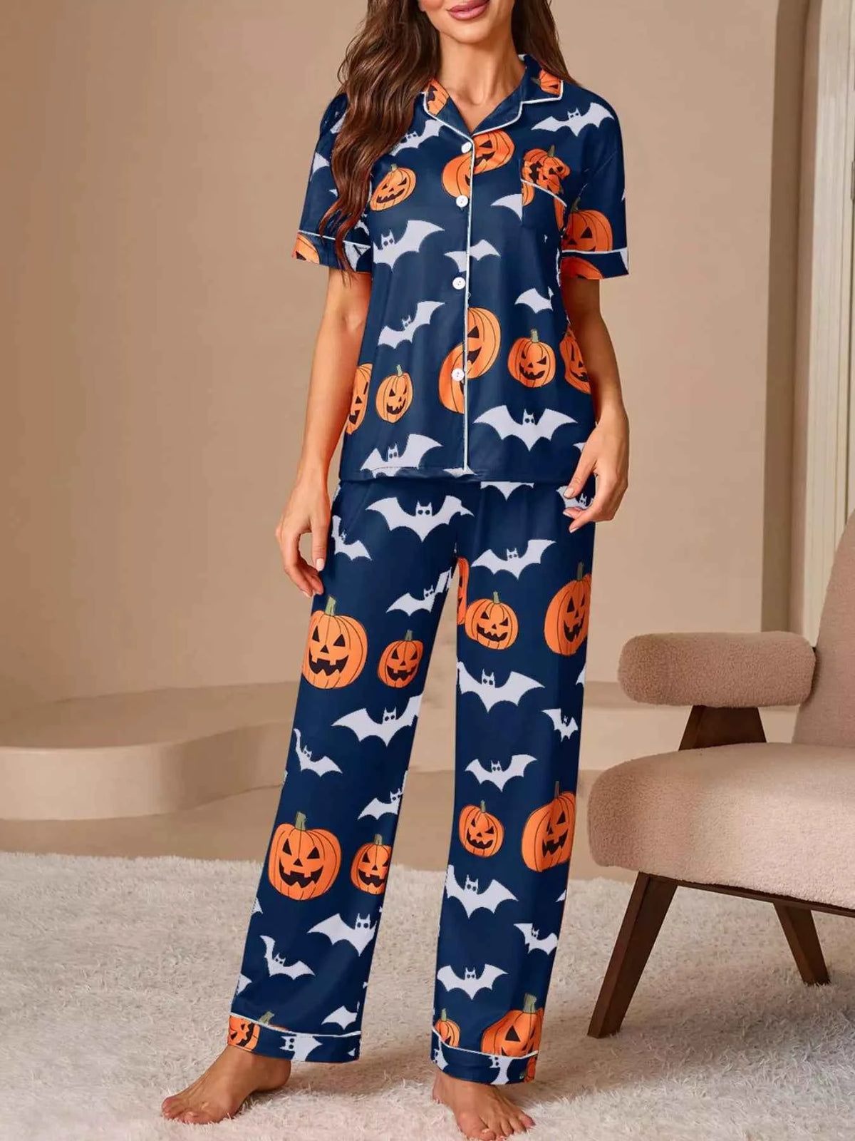 Halloween Pumpkin and Bat Print Button-Down Top and Pants Lounge Set
