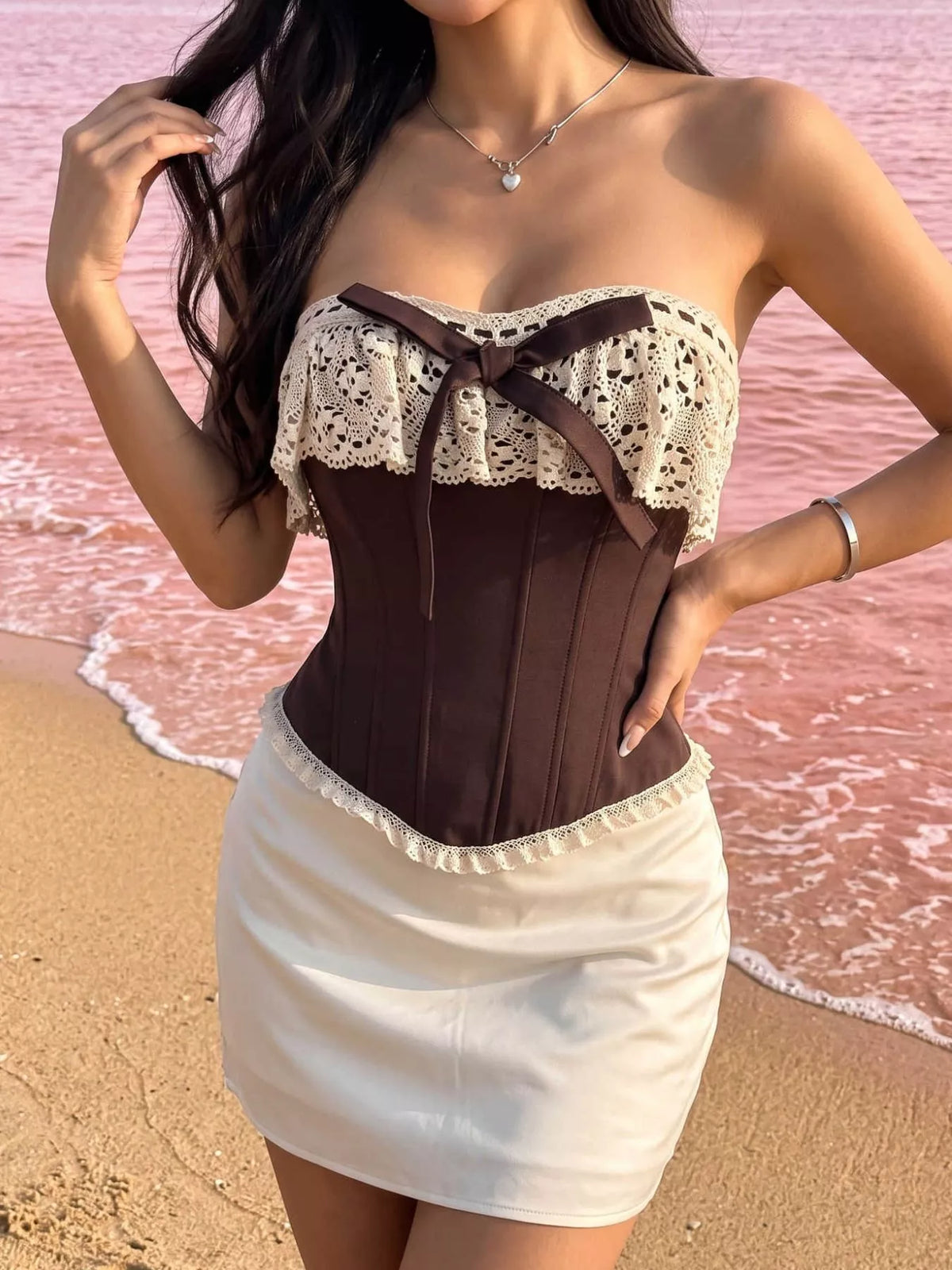 Crochet Lace Strapless Boned Corset Lace-Up Waist Cincher Tube Top