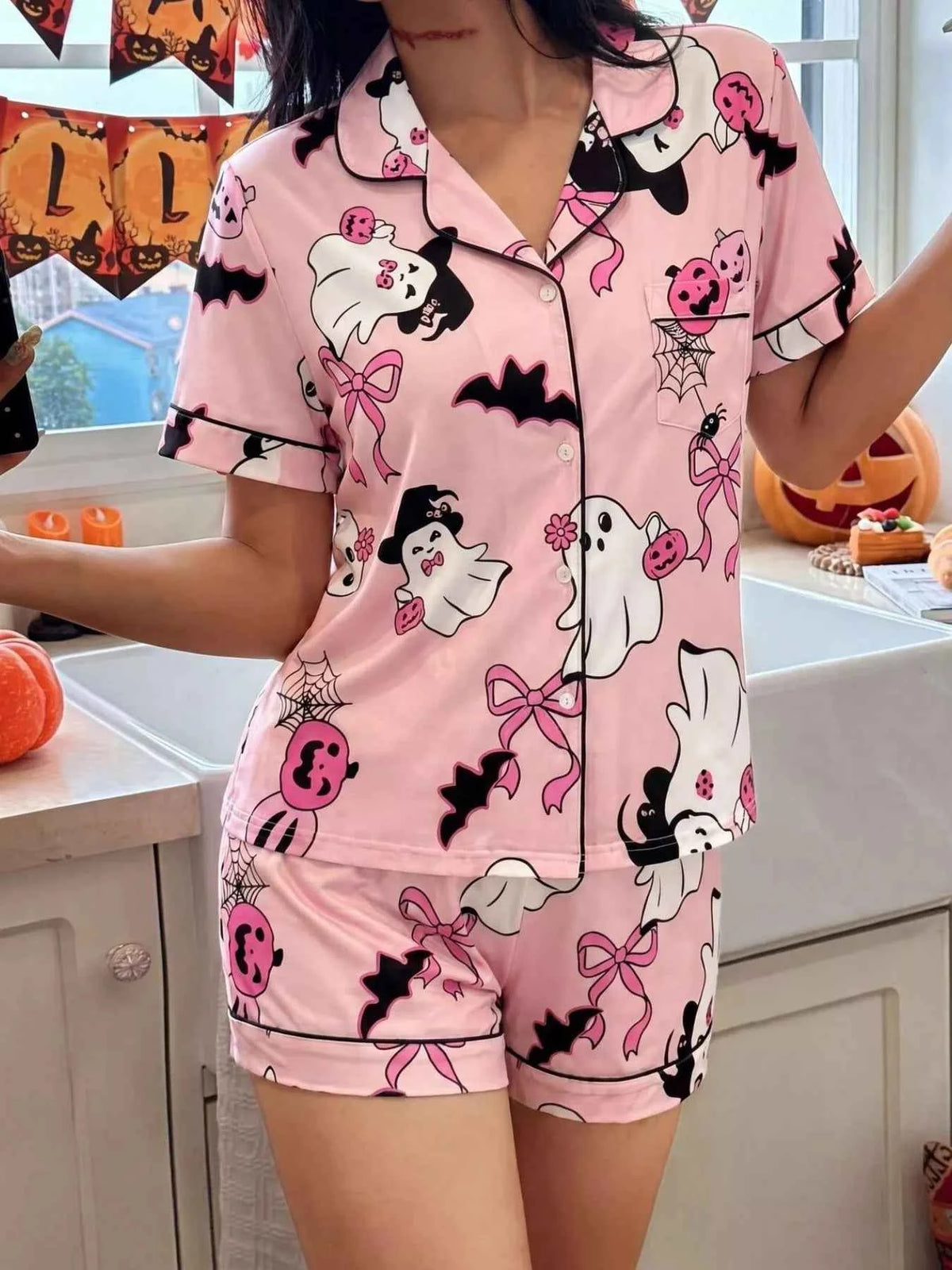 Halloween Ghost Print Button-Down Top and Shorts Lounge Set