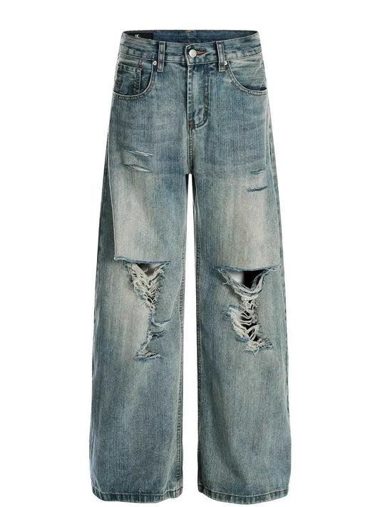 Men's Vintage Washed Distressed Wide Leg Jeans