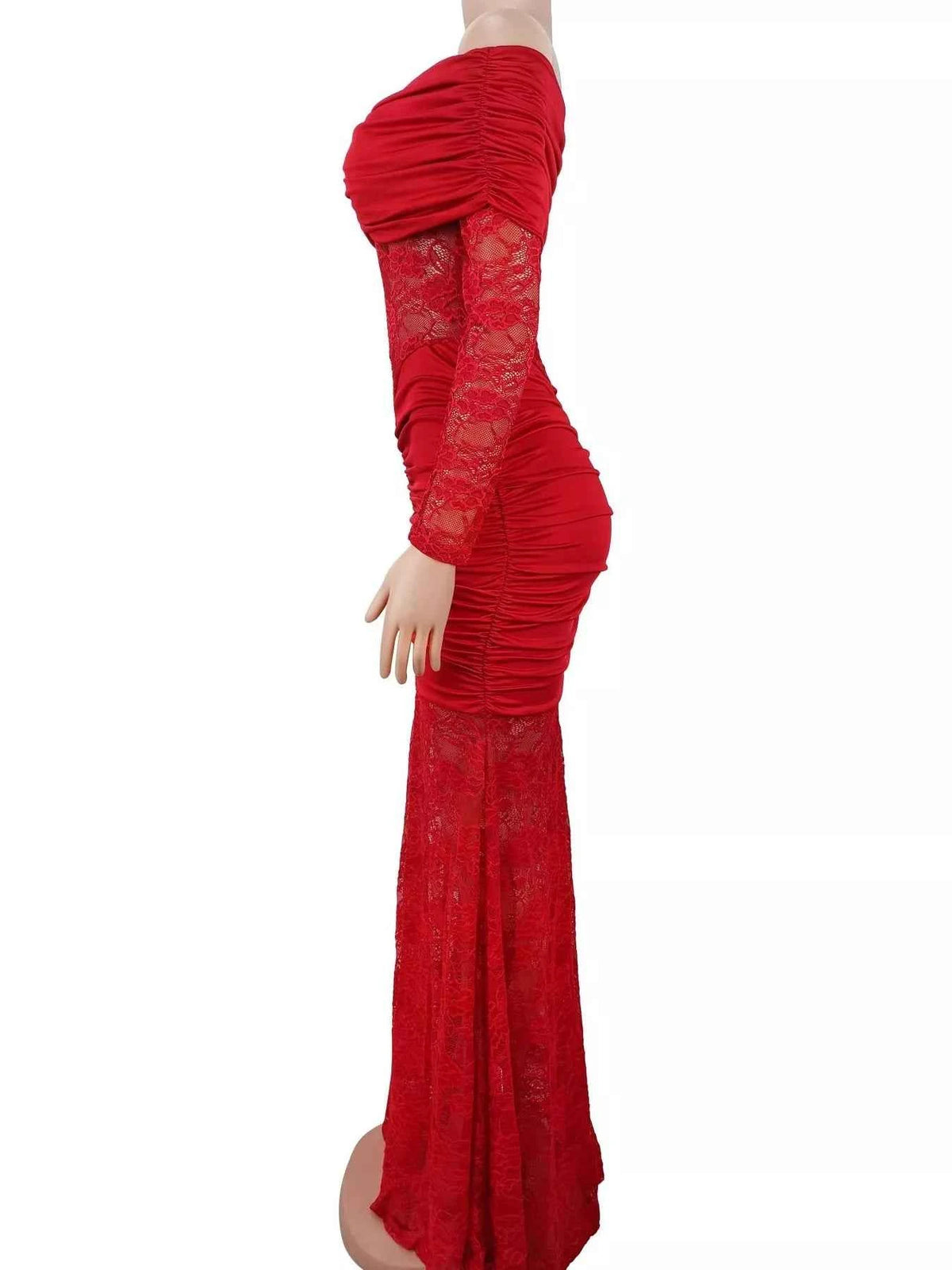 Off-Shoulder Ruched Lace Mermaid Maxi Dress