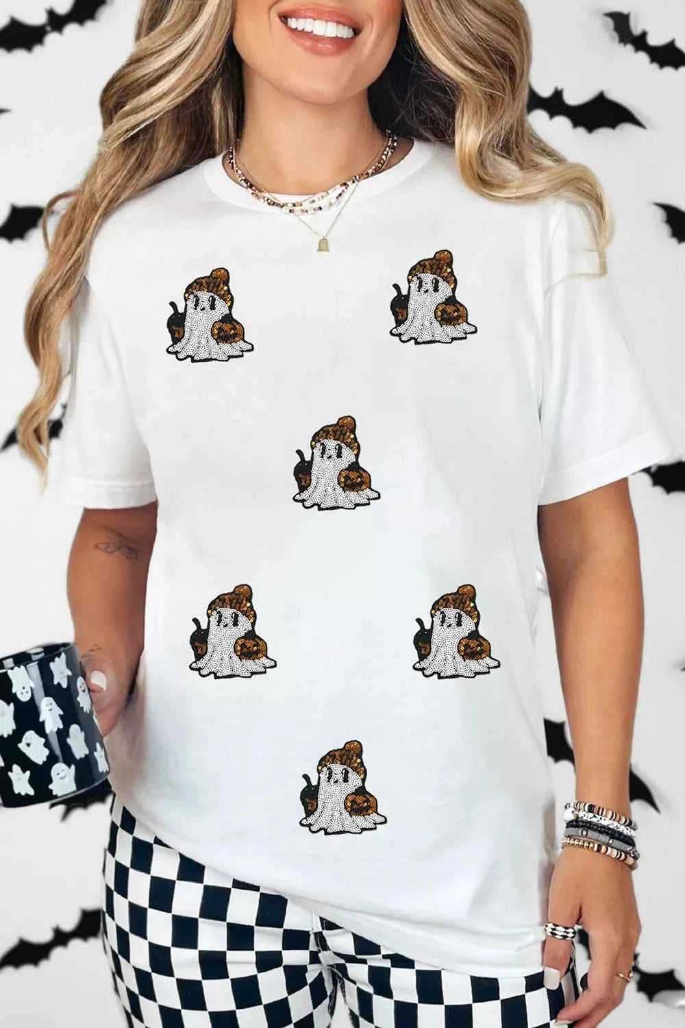 Full Size Halloween Sequin Ghost Print Short Sleeve Casual T-Shirt Plus Size