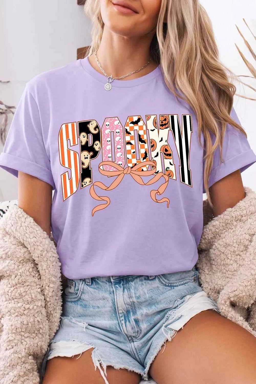 Halloween Spooky Letter Graphic Round Neck Casual T Shirt