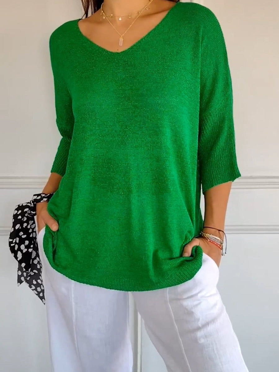 Women's Solid Long Sleeve V-Neck Knitwear