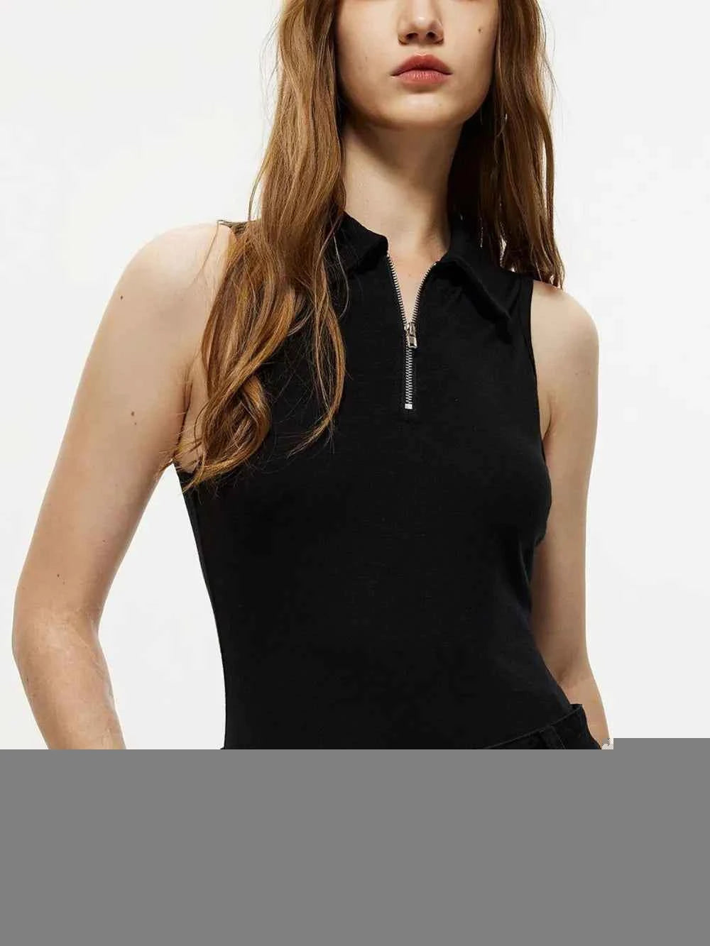 Quarter Zip Collared Neck Sleeveless Bodysuit