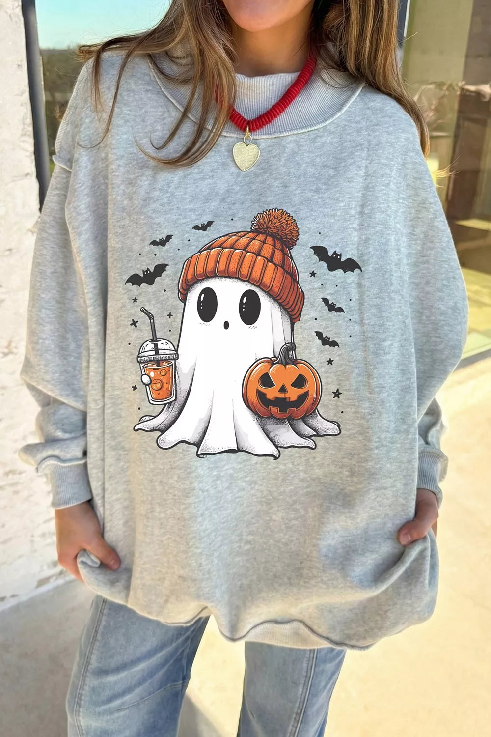 Reversible Halloween Graphic Mock Neck Tunic Sweatshirt