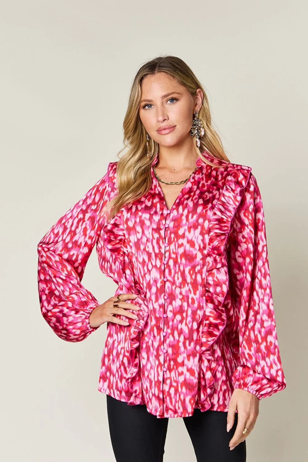Double Take Full Size Printed Ruffle Trim Balloon Sleeve Shirt Plus Size