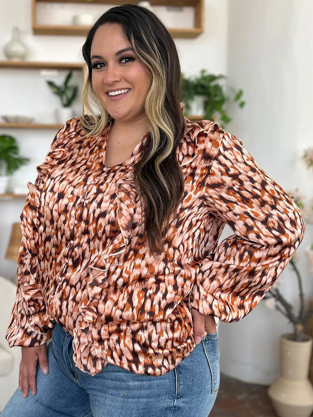 Double Take Full Size Printed Ruffle Trim Balloon Sleeve Shirt Plus Size
