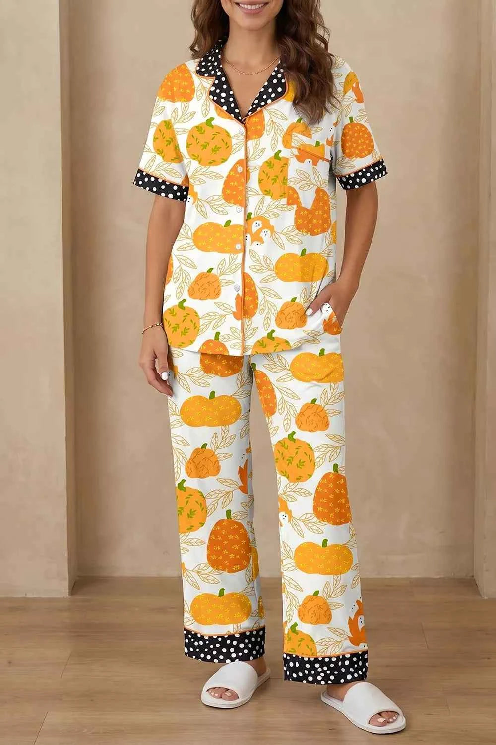 Short Sleeve Pumpkin Print Polka Dot Trim Pocket Placket Lounge Set
