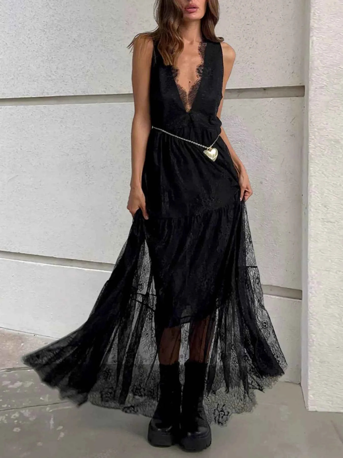 Lace V-Neck Sleeveless Maxi Dress