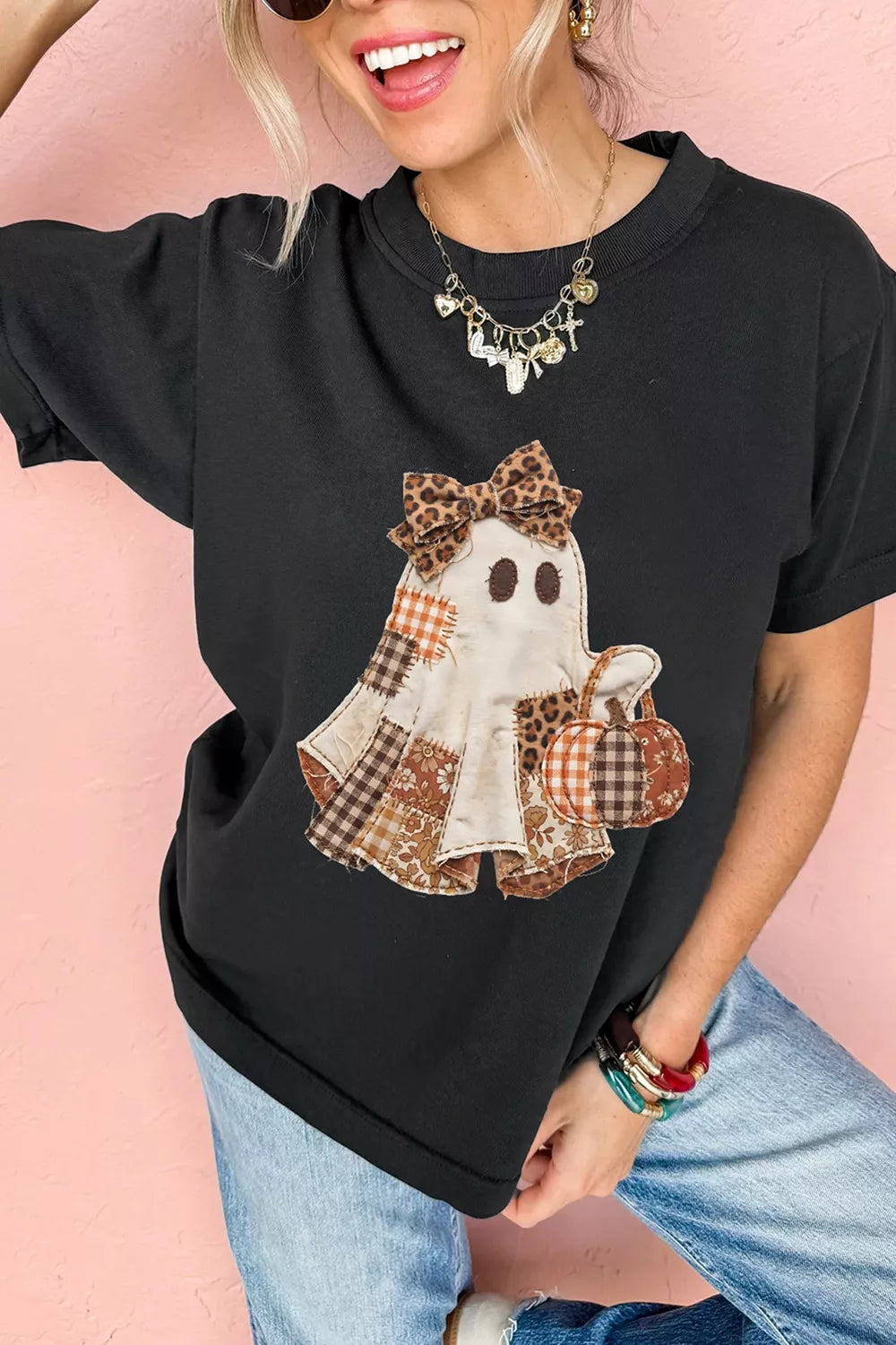 Full Size Halloween Ghost Applique Short Sleeve T-Shirt Plus Size