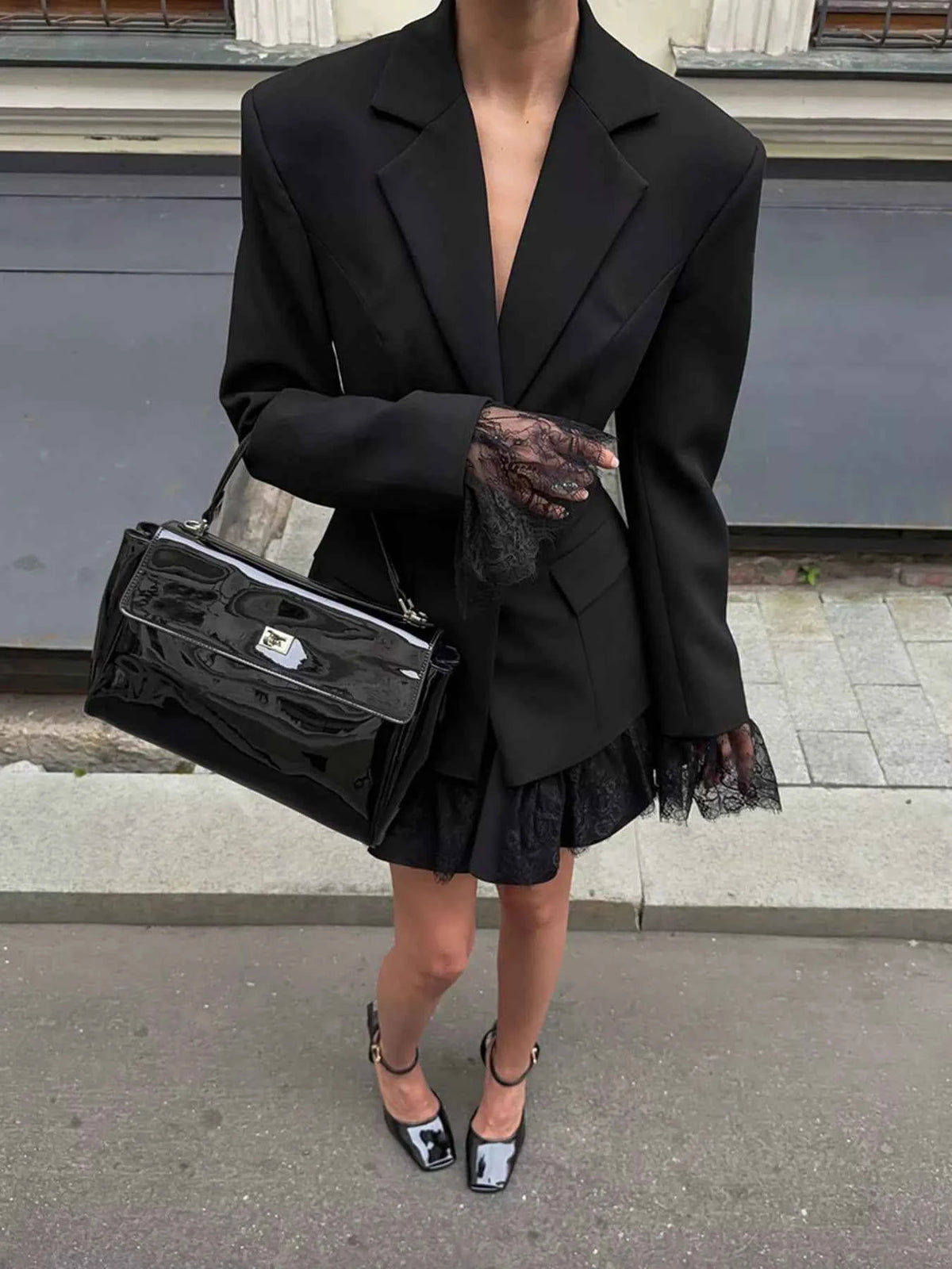 Lace Hem Lapel Collar Blazer
