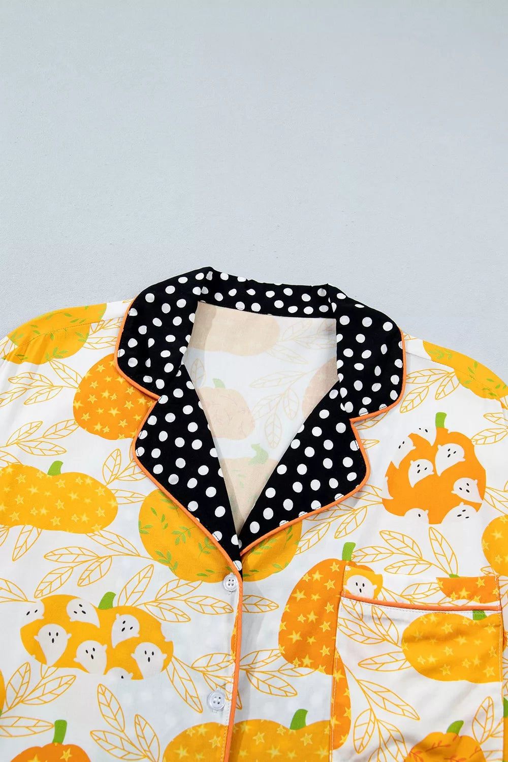 Short Sleeve Pumpkin Print Polka Dot Trim Pocket Placket Lounge Set