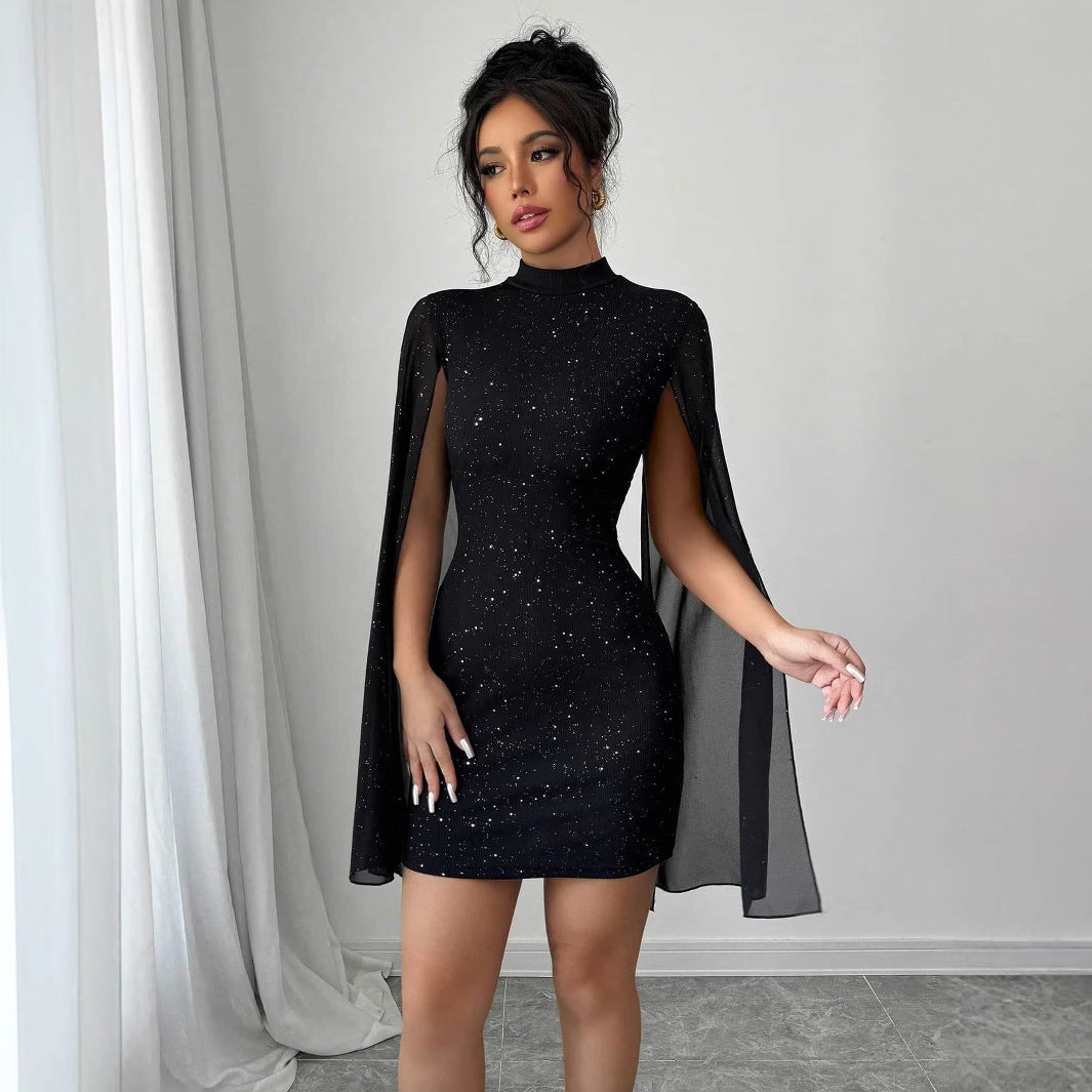 Women's Elegant Evening Party Dress with Pearl Chiffon Cape Sleeves