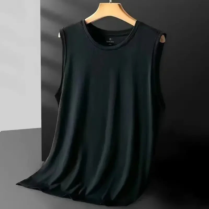Black sleeveless shirt on a hanger against a dark background