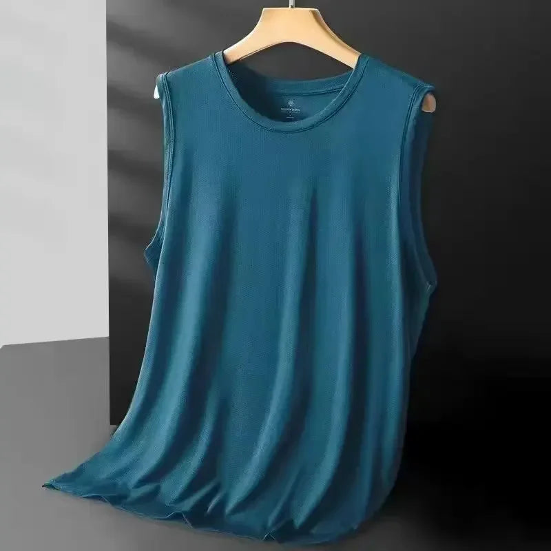 Blue sleeveless shirt on a hanger against a gray background