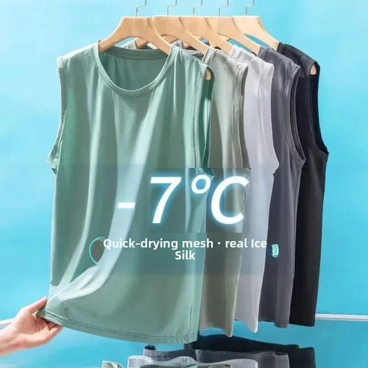 Collection of sleeveless shirts on hangers with text highlighting quick-drying mesh and real ice silk properties against a blue background.