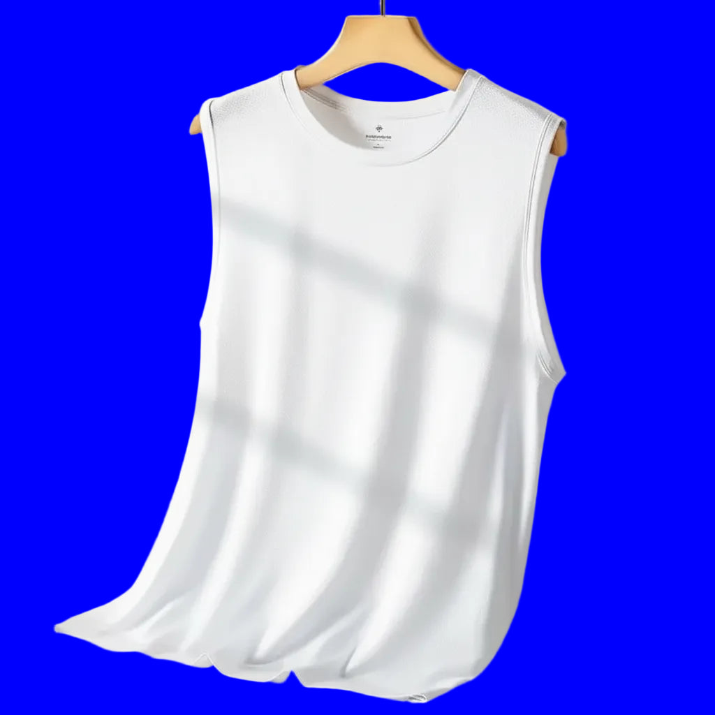 White sleeveless shirt on a wooden hanger against a black background
