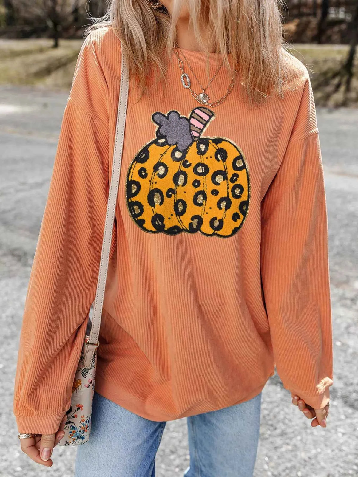 Halloween Leopard Pumpkin Patchwork Ribbed Sweatshirt