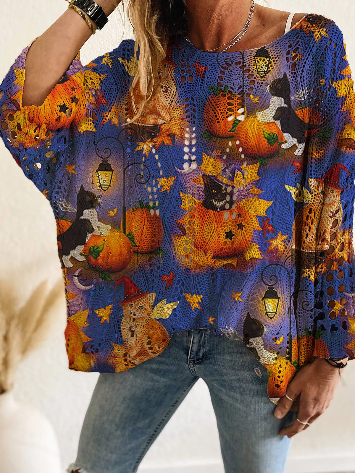 Full Size Halloween Pumpkin Loose Knit Cover Up Plus Size
