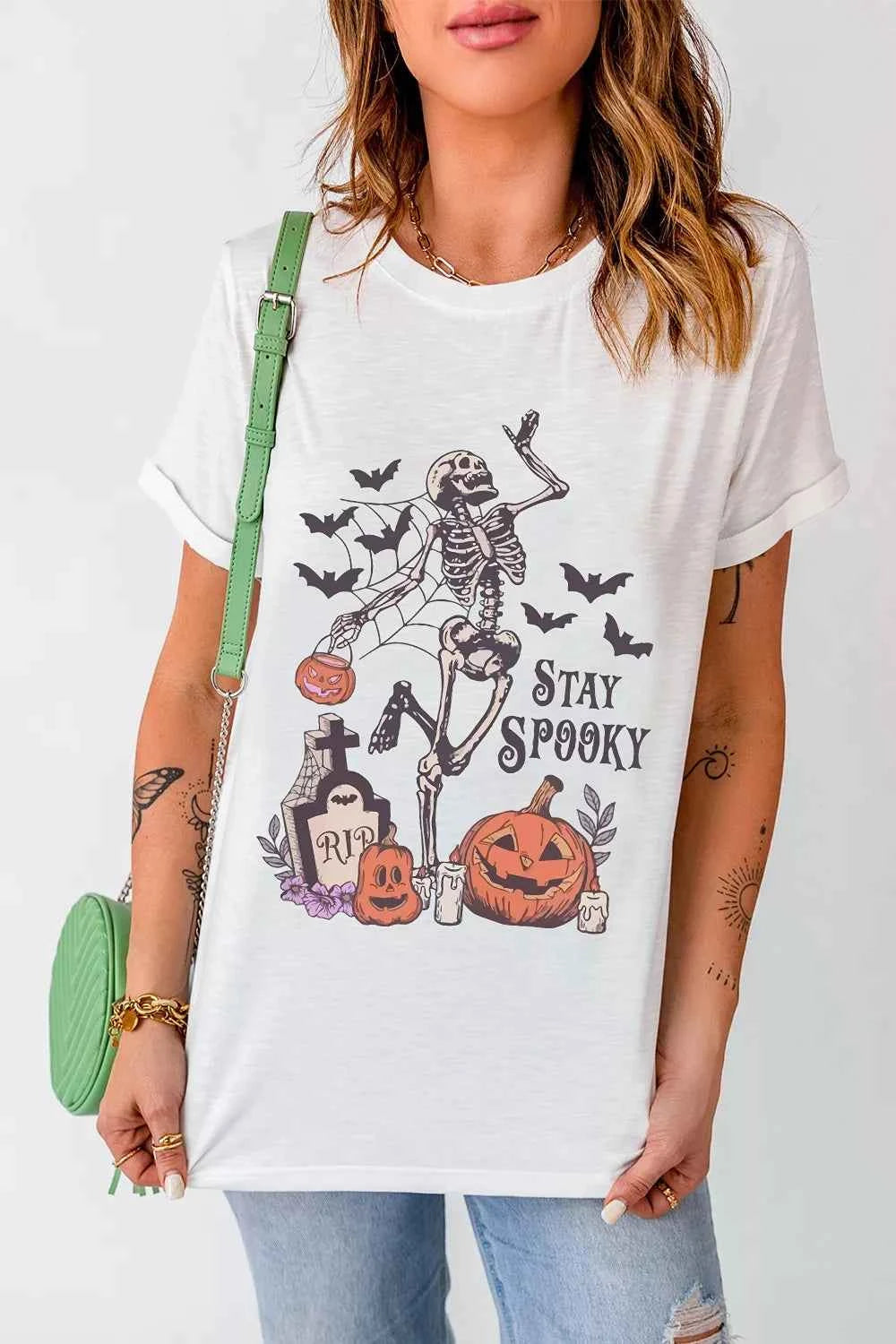 Full Size Skull Pumpkin Face STAY SPOOKY Graphic Halloween T Shirt Plus Size
