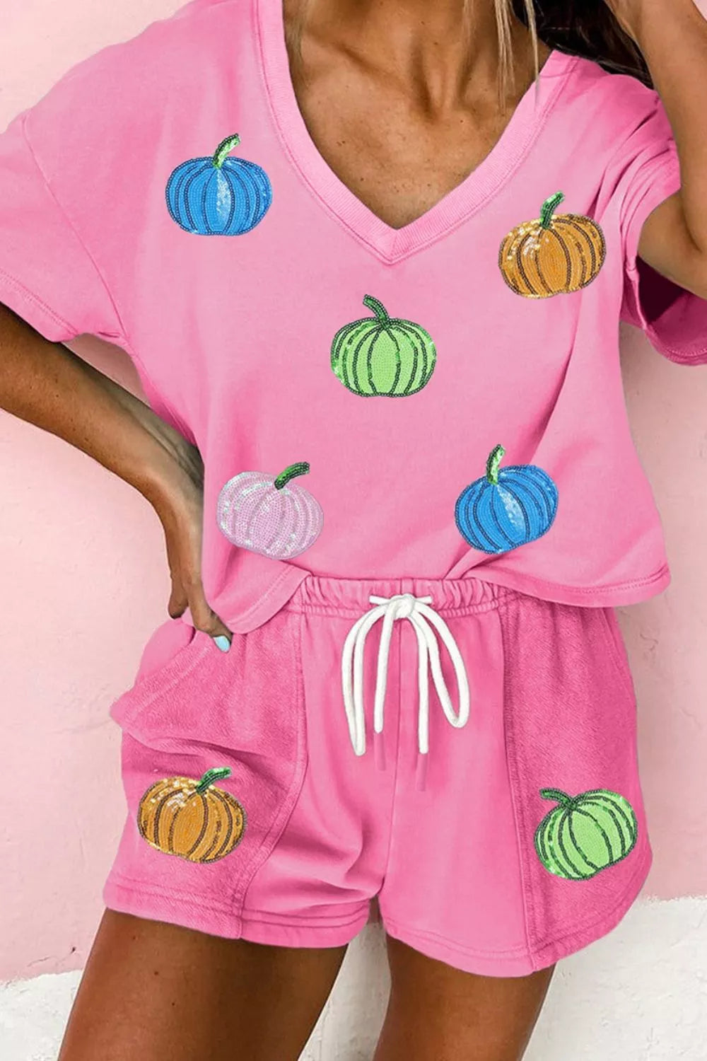 Sequin Halloween Pumpkin Pattern V Neck Tee and Drawstring Bottoms Casual Set