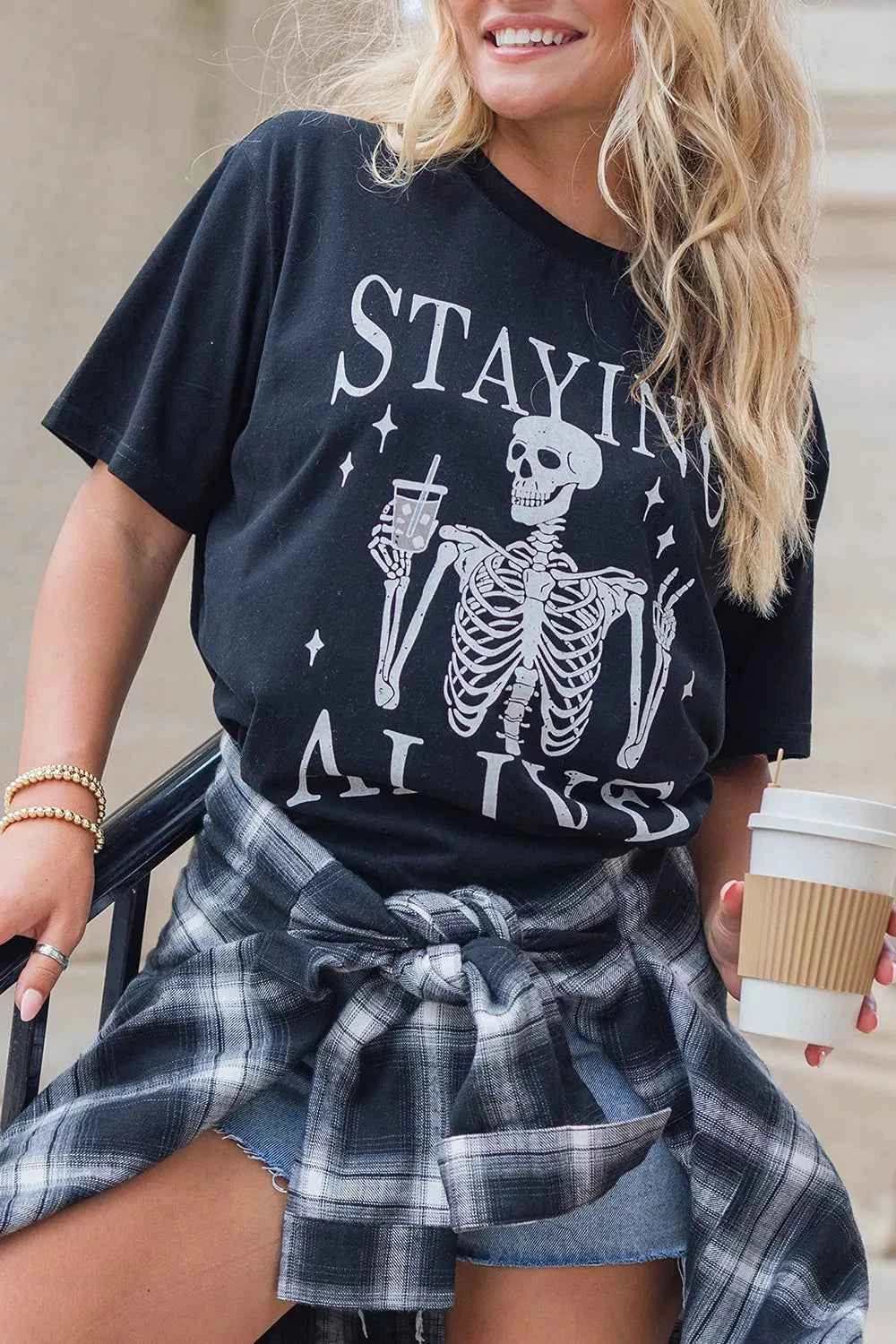 STAYING ALIVE Funny Skeleton Graphic Round Neck T Shirt