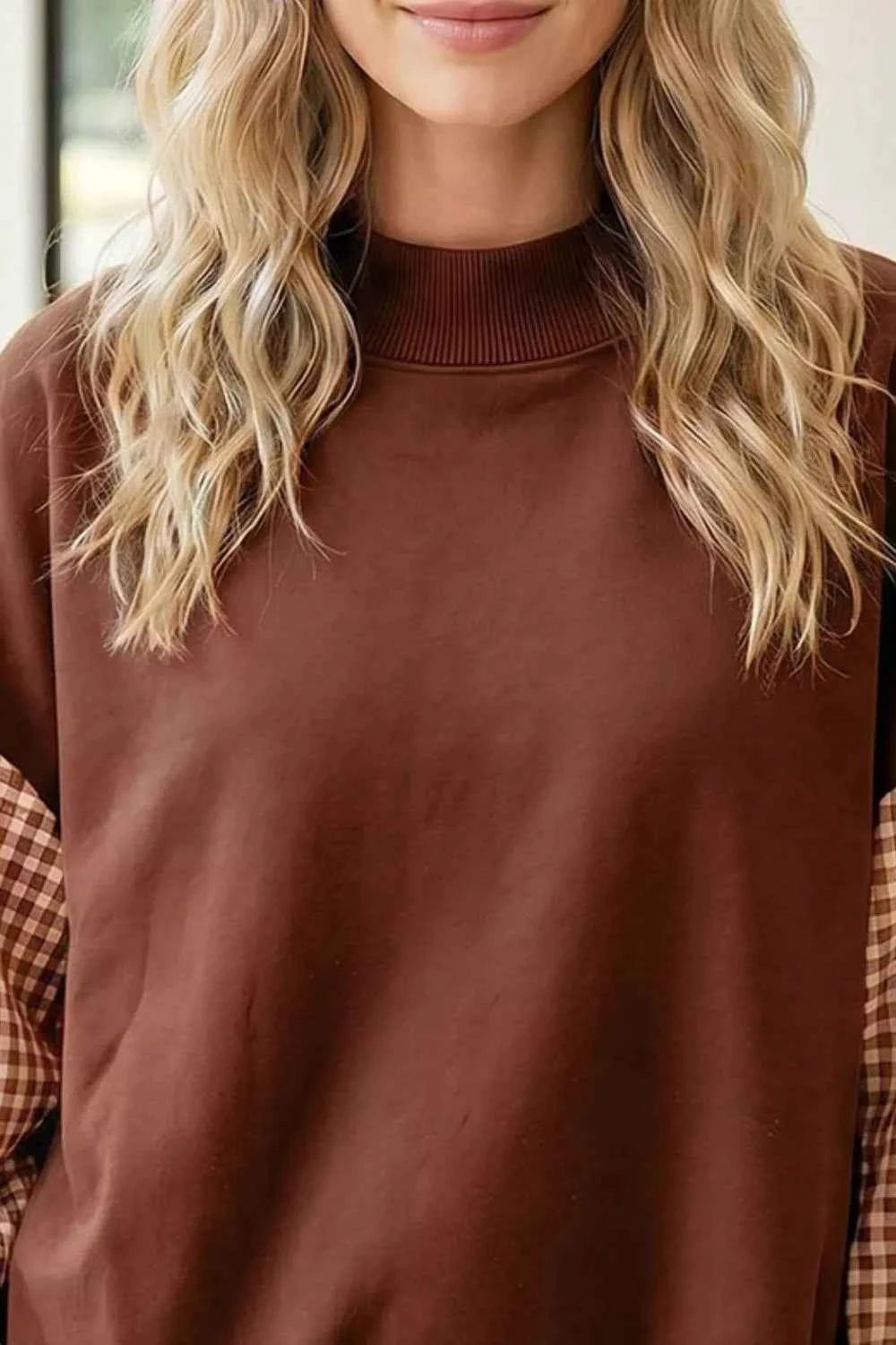 Plaid Sleeve Colorblock Loose Tunic Sweatshirt