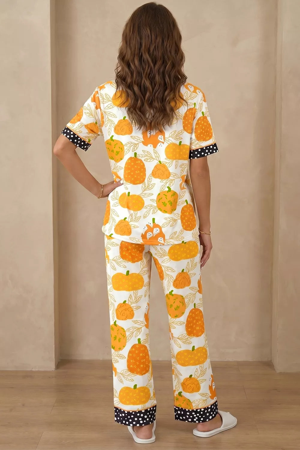 Short Sleeve Pumpkin Print Polka Dot Trim Pocket Placket Lounge Set