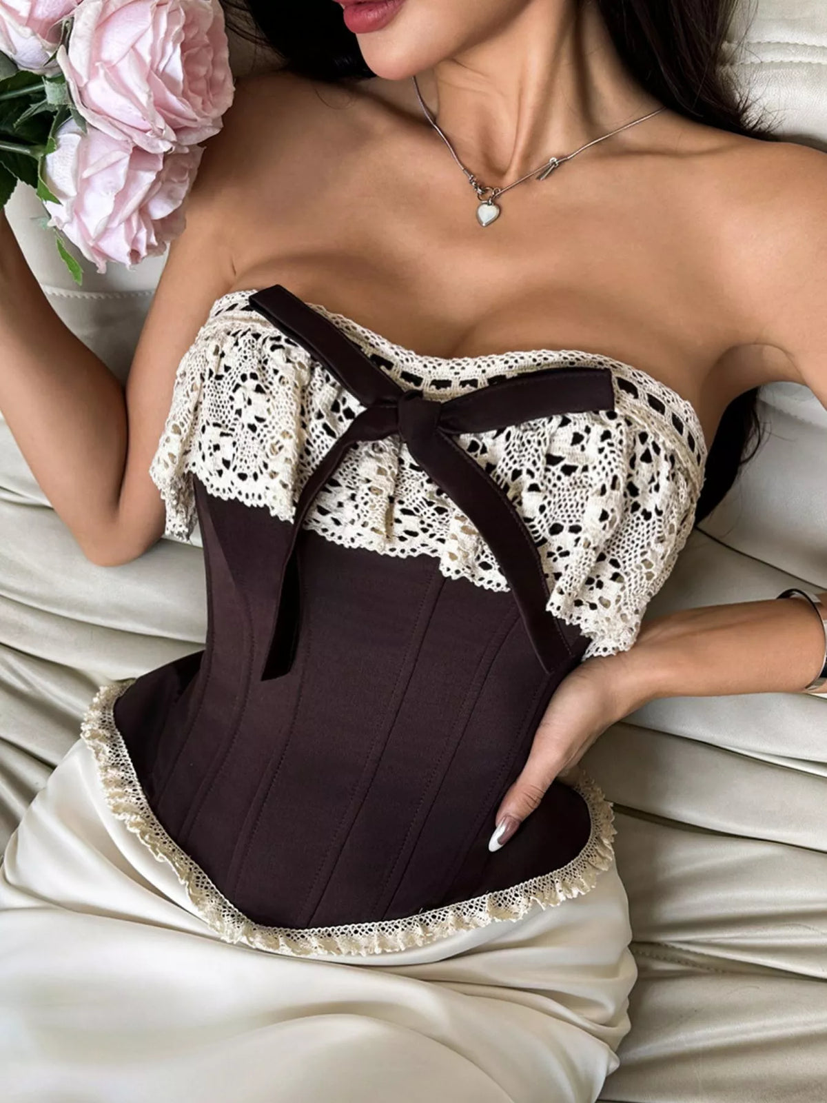 Crochet Lace Strapless Boned Corset Lace-Up Waist Cincher Tube Top