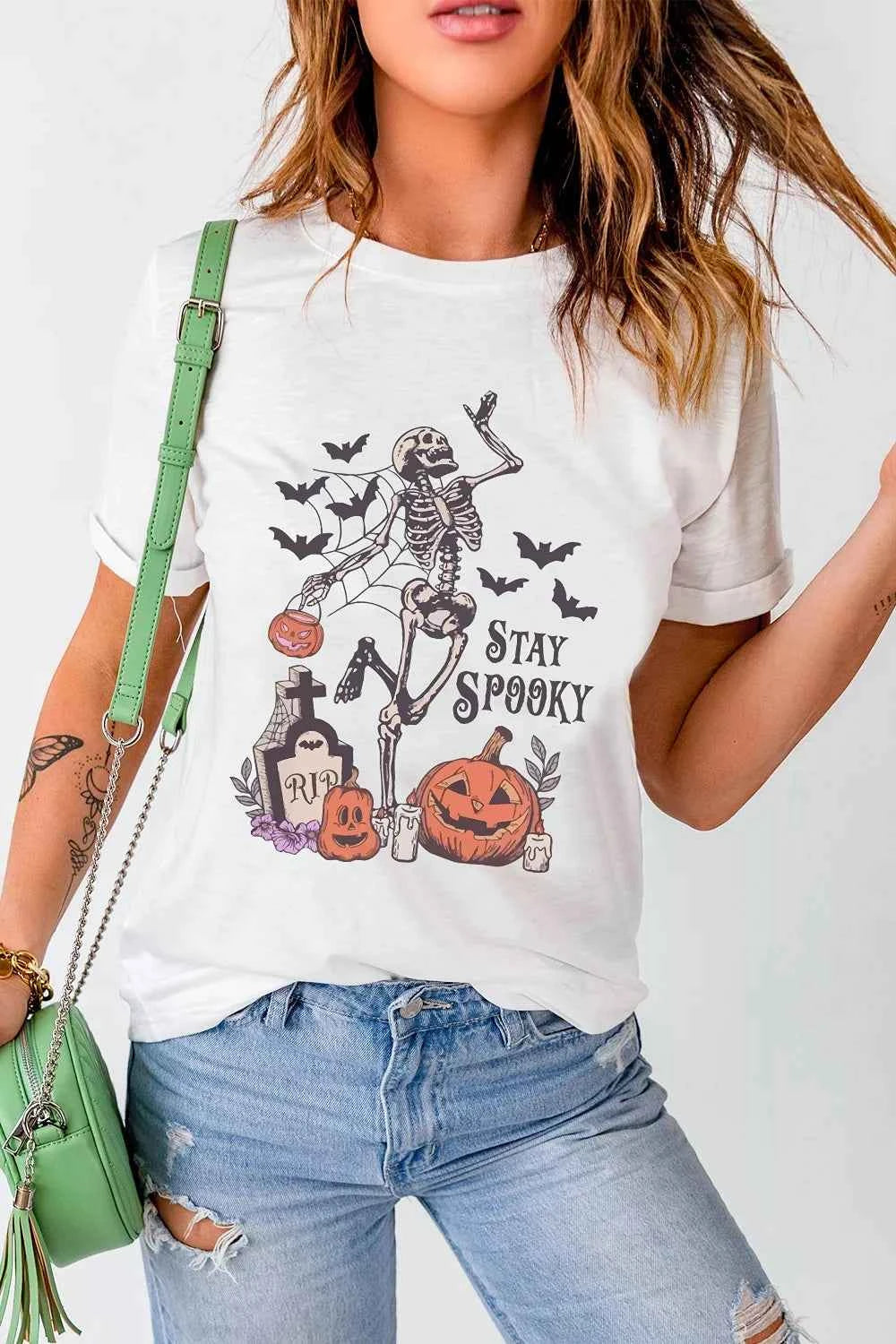 Full Size Skull Pumpkin Face STAY SPOOKY Graphic Halloween T Shirt Plus Size