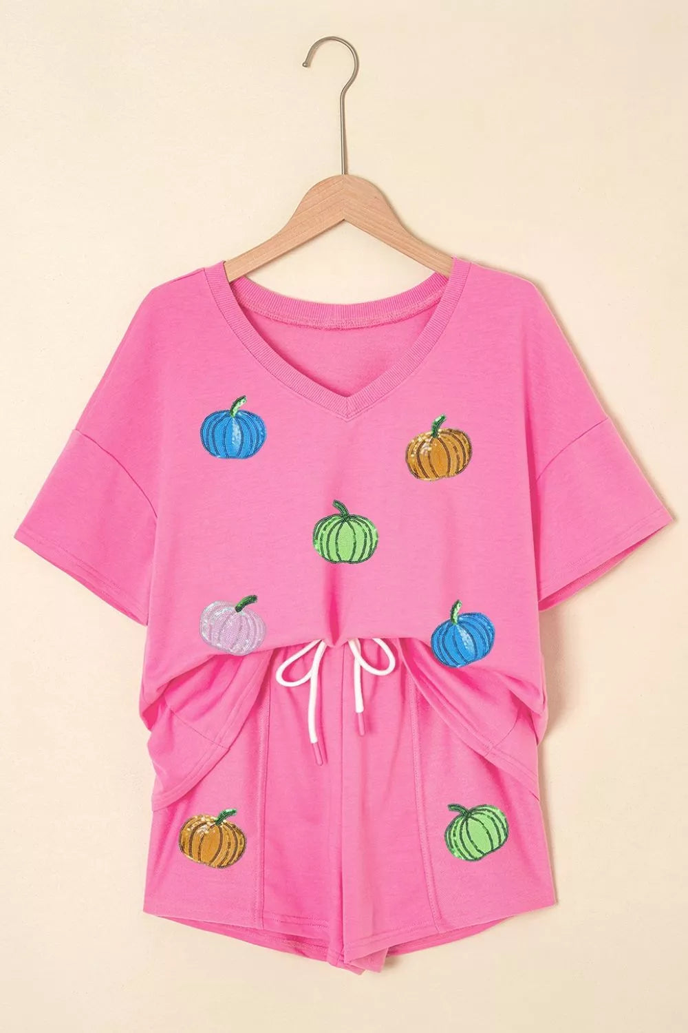 Sequin Halloween Pumpkin Pattern V Neck Tee and Drawstring Bottoms Casual Set