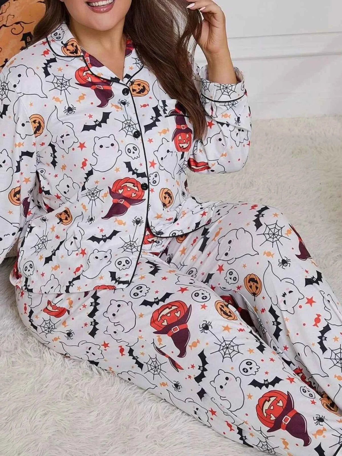 Plus Size Halloween Ghost and Pumpkin Print Top and Pants Lounge Set