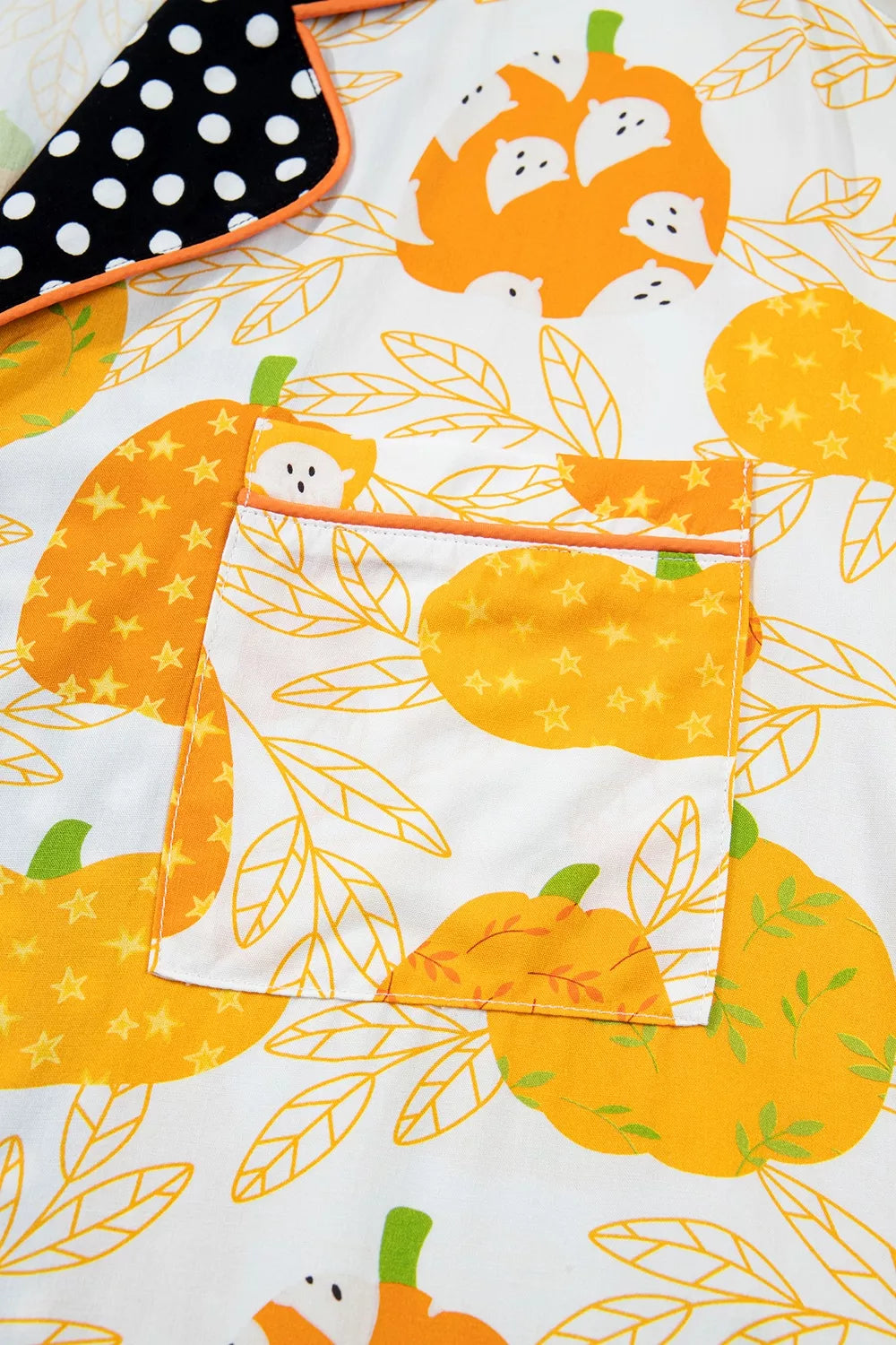 Short Sleeve Pumpkin Print Polka Dot Trim Pocket Placket Lounge Set