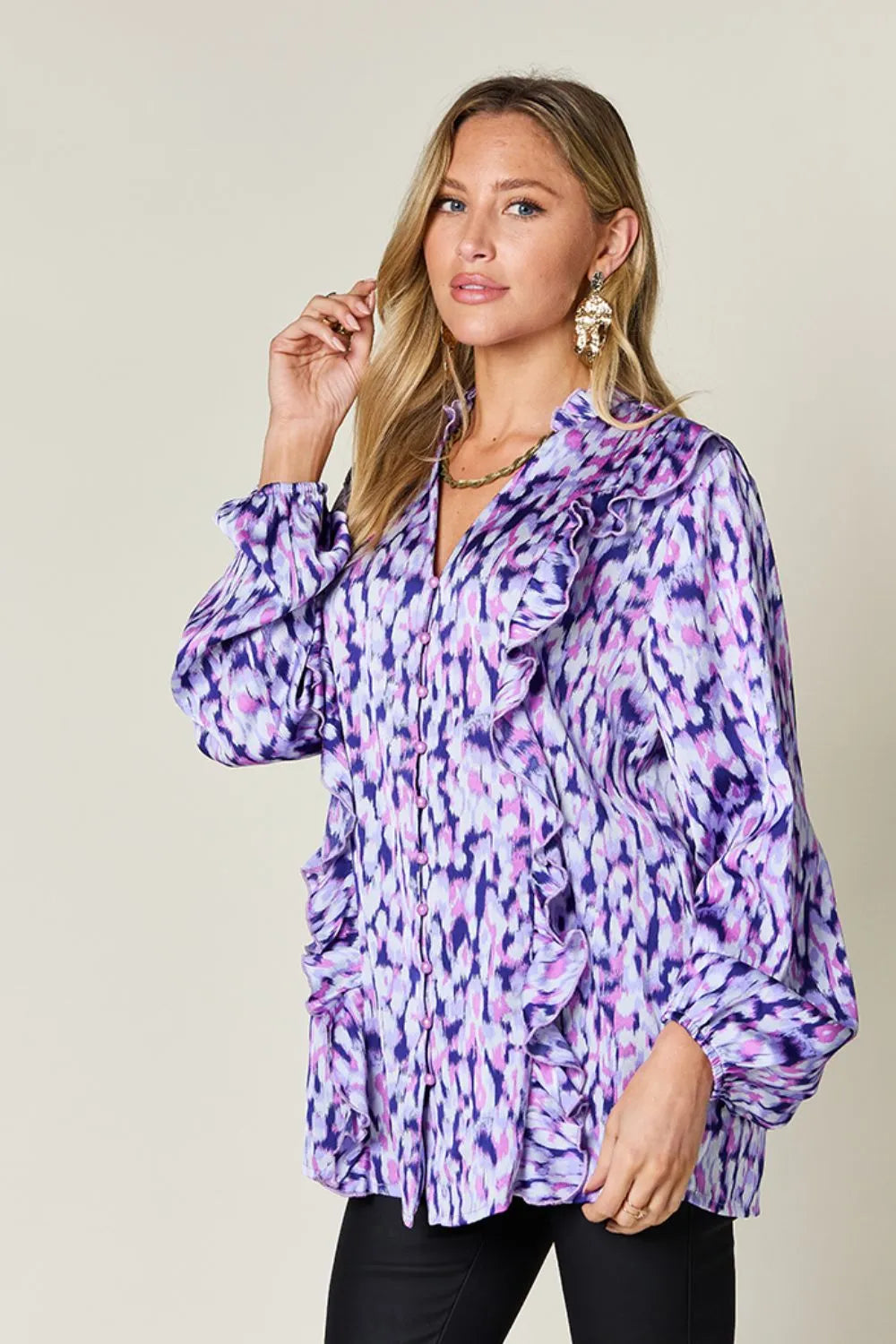 Double Take Full Size Printed Ruffle Trim Balloon Sleeve Shirt Plus Size